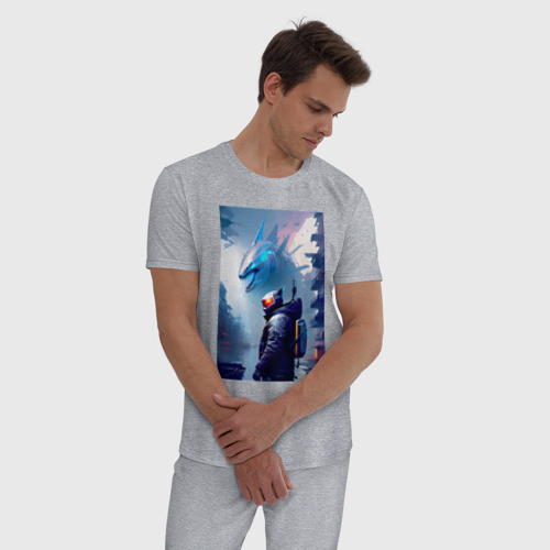 Мужская пижама хлопок с принтом Акула - киберпанк - нейросеть, фото на моделе #1