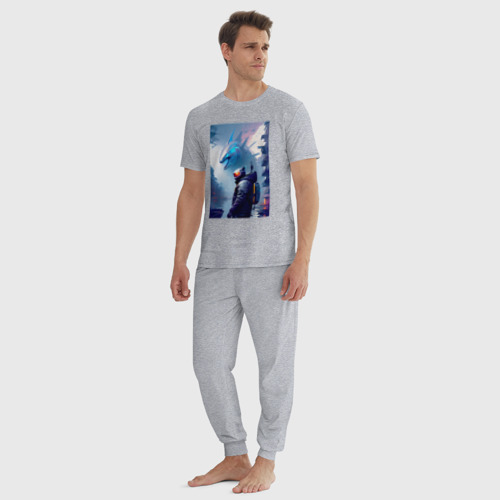 Мужская пижама хлопок с принтом Акула - киберпанк - нейросеть, вид сбоку #3