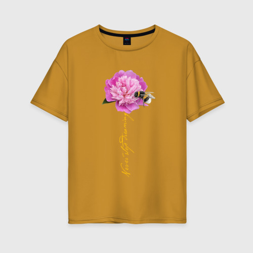 Женская футболка хлопок Oversize Пчела на пионе, цвет горчичный