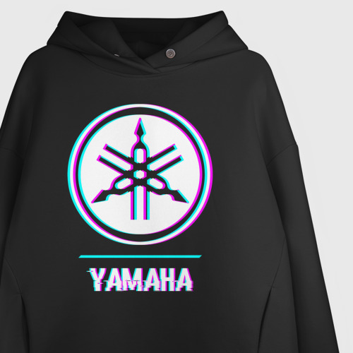 Женское худи Oversize хлопок Значок Yamaha в стиле glitch, цвет черный - фото 3