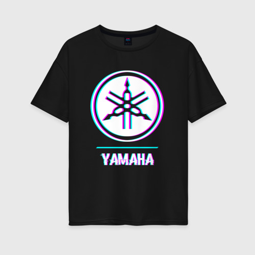 Женская футболка хлопок Oversize Значок Yamaha в стиле glitch, цвет черный