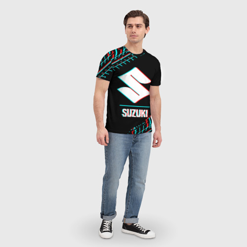 Мужская футболка 3D Значок Suzuki в стиле glitch на темном фоне, цвет 3D печать - фото 5