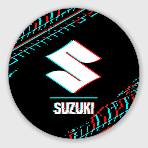 Круглый коврик для мышки Значок Suzuki в стиле glitch на темном фоне