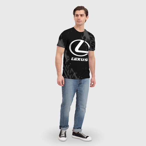 Мужская футболка 3D с принтом Lexus Speed на темном фоне со следами шин, вид сбоку #3