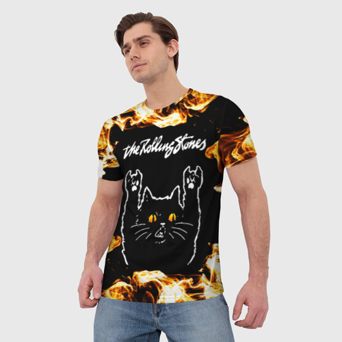 Мужская футболка 3D Rolling Stones рок кот и огонь, цвет 3D печать - фото 3