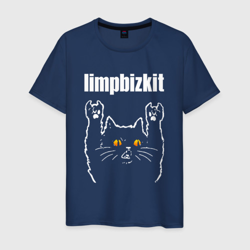 Мужская футболка из хлопка с принтом Limp Bizkit rock cat, вид спереди №1
