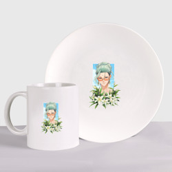 Набор: тарелка + кружка Будда с цветами