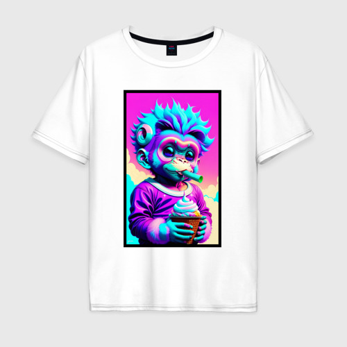 Мужская футболка хлопок Oversize с принтом Маленькая обезьянка ест мороженное в стиле Dreamwave, вид спереди #2