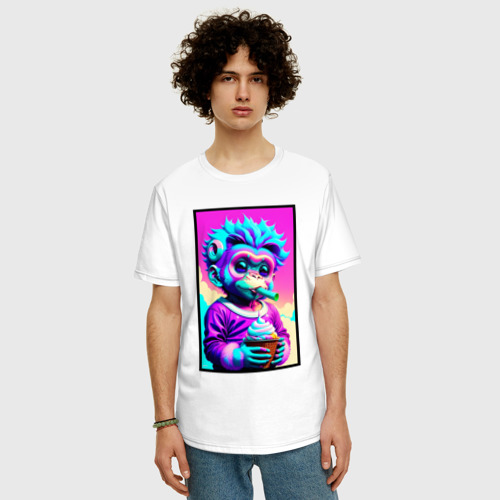 Мужская футболка хлопок Oversize с принтом Маленькая обезьянка ест мороженное в стиле Dreamwave, фото на моделе #1