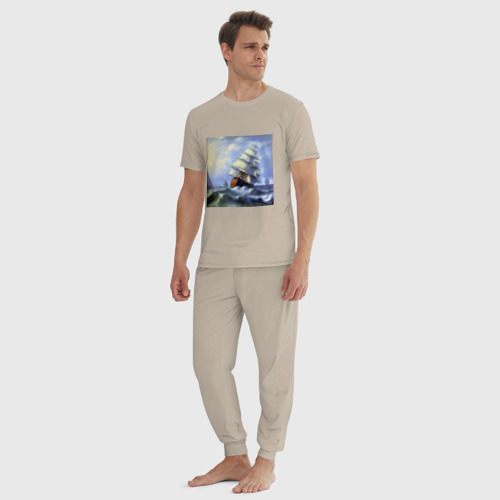 Мужская пижама хлопок Корабль плывет по бушующему морю, цвет миндальный - фото 5