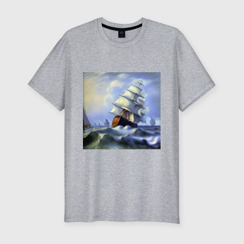 Мужская футболка хлопок Slim с принтом Корабль плывет по бушующему морю, вид спереди #2