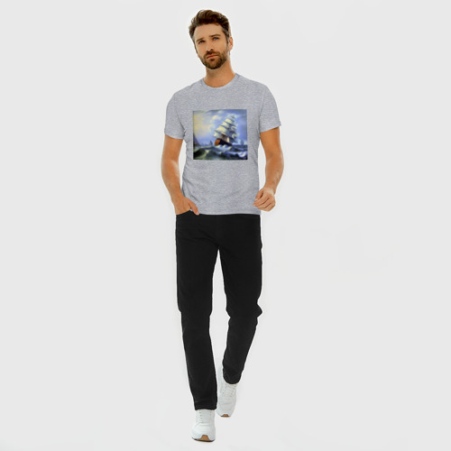 Мужская футболка хлопок Slim с принтом Корабль плывет по бушующему морю, вид сбоку #3