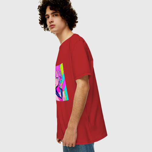 Мужская футболка хлопок Oversize с принтом Милая аниме девушка в неоновых красках, вид сбоку #3