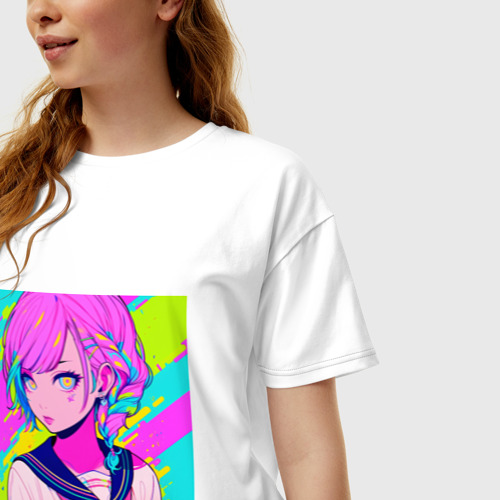 Женская футболка хлопок Oversize с принтом Милая аниме девушка в неоновых красках, фото на моделе #1