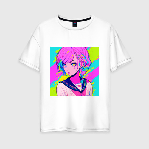 Женская футболка хлопок Oversize с принтом Милая аниме девушка в неоновых красках, вид спереди #2