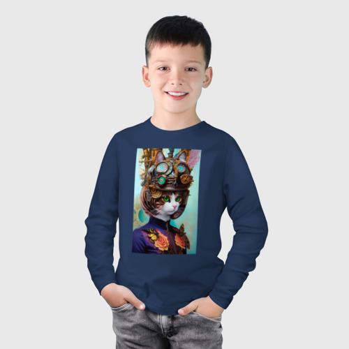 Детский лонгслив хлопок с принтом Кошечка в стиле стимпанк - нейросеть, фото на моделе #1