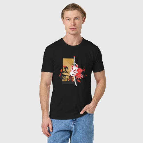 Мужская футболка хлопок Nine tailed fox, misaki kitsune, цвет черный - фото 3