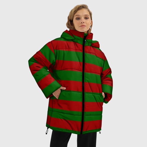 Женская зимняя куртка Oversize Красно-зеленые полоски, цвет черный - фото 3