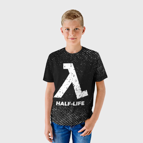 Детская футболка 3D с принтом Half-Life с потертостями на темном фоне, фото на моделе #1