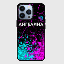 Чехол для iPhone 13 Pro Ангелина и неоновый герб России: символ сверху
