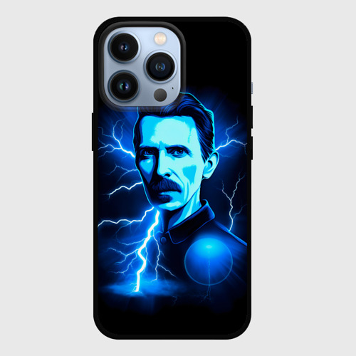 Чехол для iPhone 13 Pro с принтом Nikola Tesla - flash of lightning, вид спереди #2