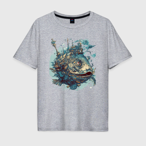 Мужская футболка хлопок Oversize Полёт механической рыбы, цвет меланж