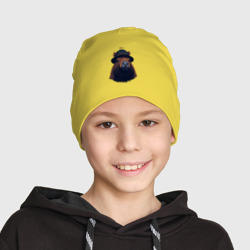Шапка с принтом Портрет капибары в шляпе для ребенка, вид на модели спереди №2. Цвет основы: желтый