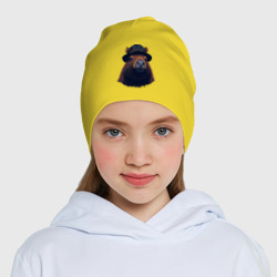 Шапка с принтом Портрет капибары в шляпе для ребенка, вид на модели спереди №4. Цвет основы: желтый