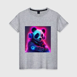 Женская футболка хлопок Диджей панда в свете неона