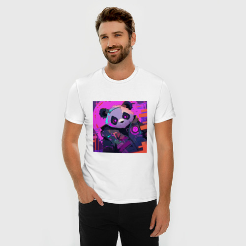 Мужская футболка хлопок Slim Аниме панда в лучах неона, цвет белый - фото 3