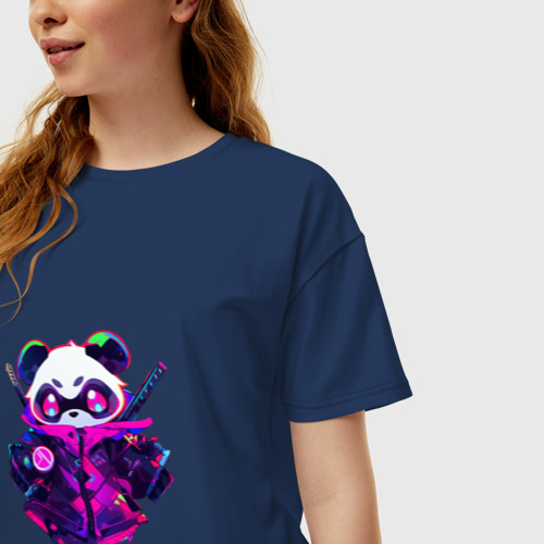 Женская футболка хлопок Oversize Аниме панда в неоновых красках, цвет темно-синий - фото 3