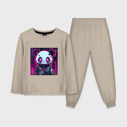Детская пижама с лонгсливом хлопок с принтом Аниме панда в лучах неона, вид спереди #2
