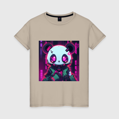 Женская футболка хлопок с принтом Аниме панда в лучах неона, вид спереди #2