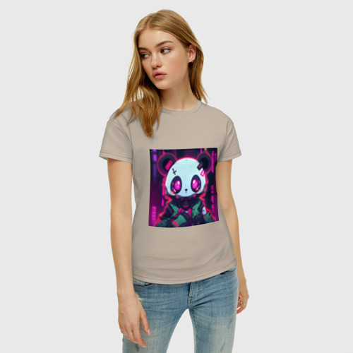 Женская футболка хлопок с принтом Аниме панда в лучах неона, фото на моделе #1