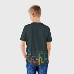 Футболка с принтом Tetris neon для ребенка, вид на модели сзади №2. Цвет основы: белый