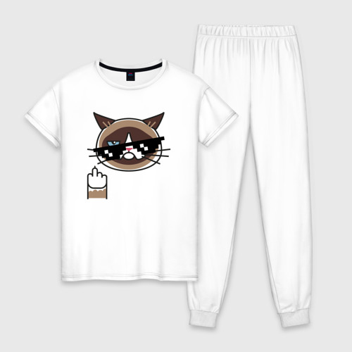 Женская пижама хлопок с принтом Хмурый кот, вид спереди #2