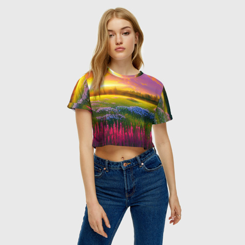 Женская футболка Crop-top 3D Летний закат, цвет 3D печать - фото 3