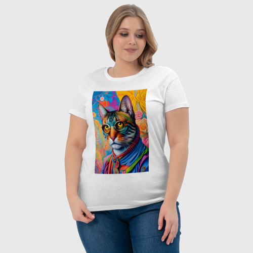 Женская футболка хлопок с принтом Кот в пенсне - нейросеть, фото #4