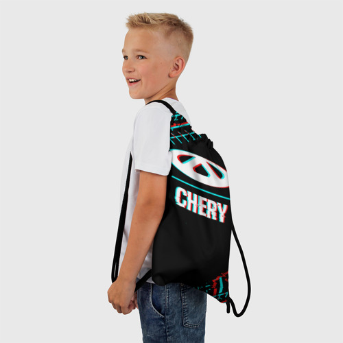 Рюкзак-мешок 3D Значок Chery в стиле glitch на темном фоне - фото 3