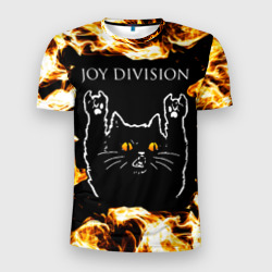 Мужская футболка 3D Slim Joy Division рок кот и огонь