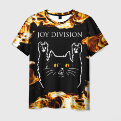Мужская футболка 3D Joy Division рок кот и огонь