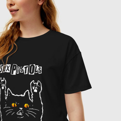 Женская футболка хлопок Oversize Sex Pistols rock cat, цвет черный - фото 3