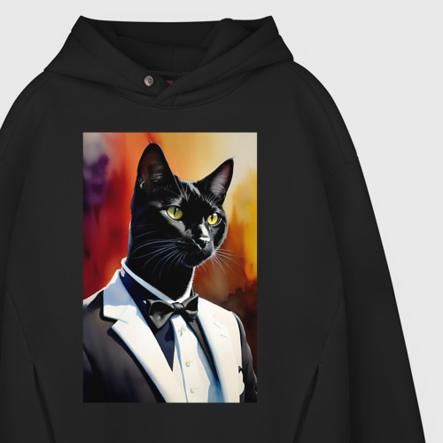 Мужское худи Oversize хлопок Gentleman cat - meme - neural network, цвет черный - фото 4