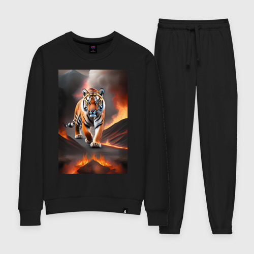 Женский костюм хлопок с принтом Тигр идущей по горящей лаве, вид спереди #2