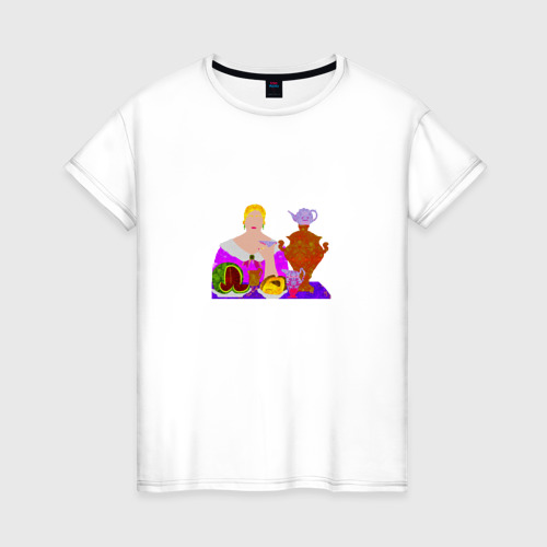 Женская футболка из хлопка с принтом Купчиха за чаем, вид спереди №1