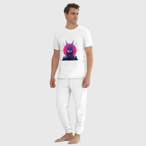 Мужская пижама хлопок с принтом Заяц-робот в неоновом свете, вид сбоку #3