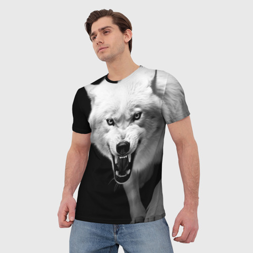 Мужская футболка 3D Агрессивный белый волк, цвет 3D печать - фото 3