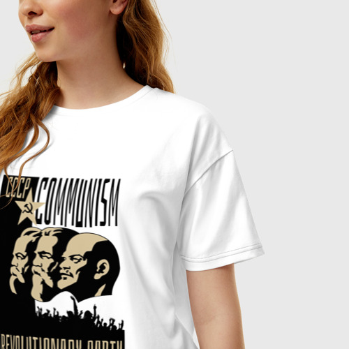 Женская футболка хлопок Oversize с принтом Ленин, Маркс и Энгельс, фото на моделе #1