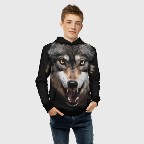 Детская толстовка 3D Агрессивный рычащий волк, цвет черный - фото 6