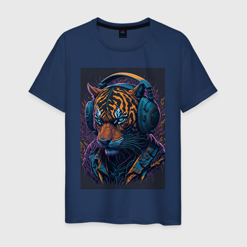 Мужская футболка хлопок с принтом Tiger DJ, вид спереди #2